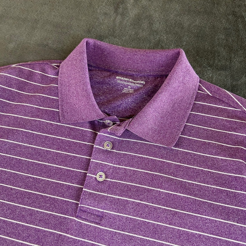 Amazon Essentials Polo Shirt Striped Golf Slim Short Sleeve Purple Mens Medium